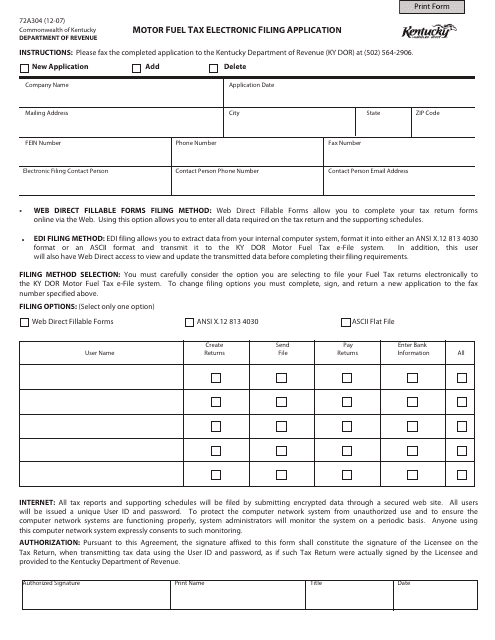 Form 72A304 Motor Fuel Tax Electronic Filing Application - Kentucky