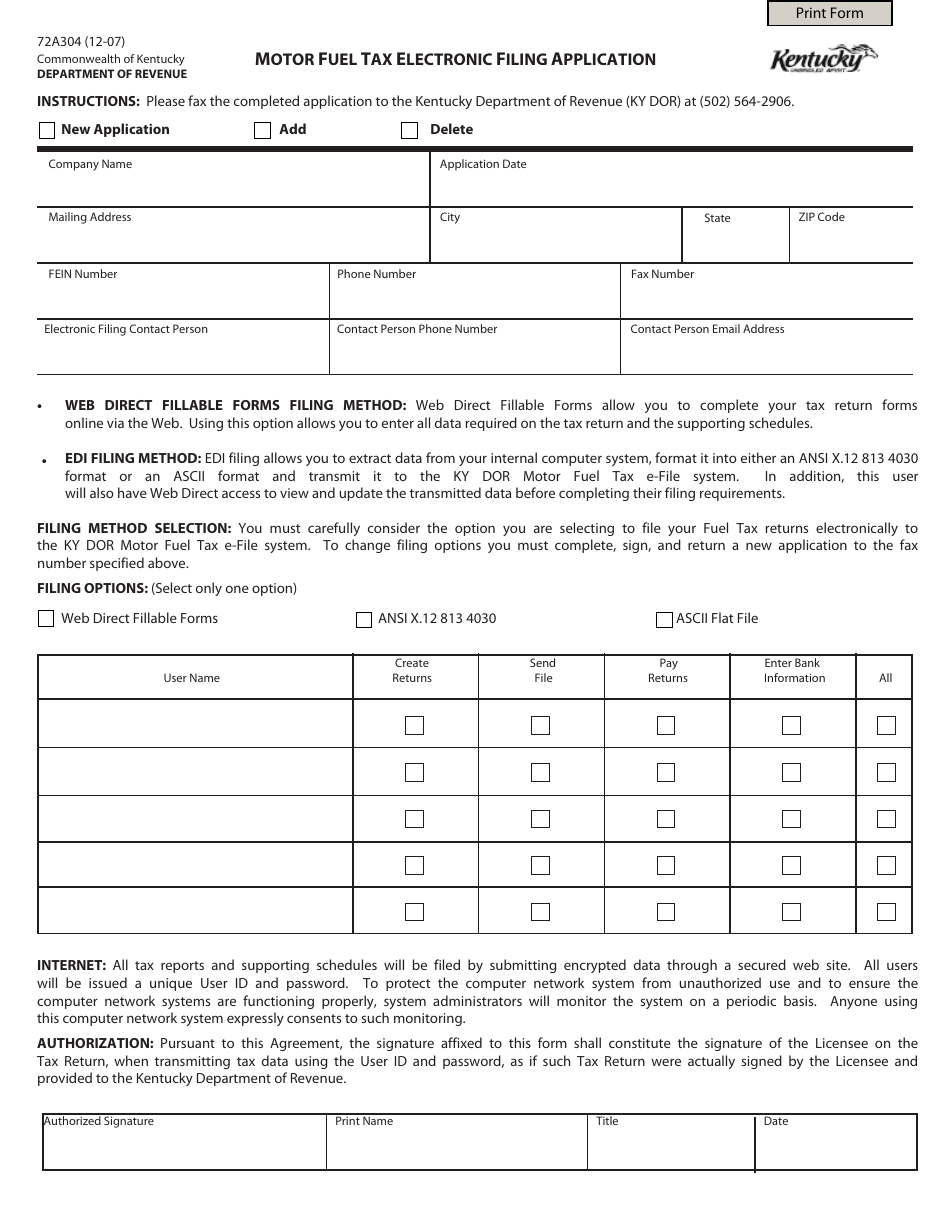 Form 72A304 Motor Fuel Tax Electronic Filing Application - Kentucky, Page 1
