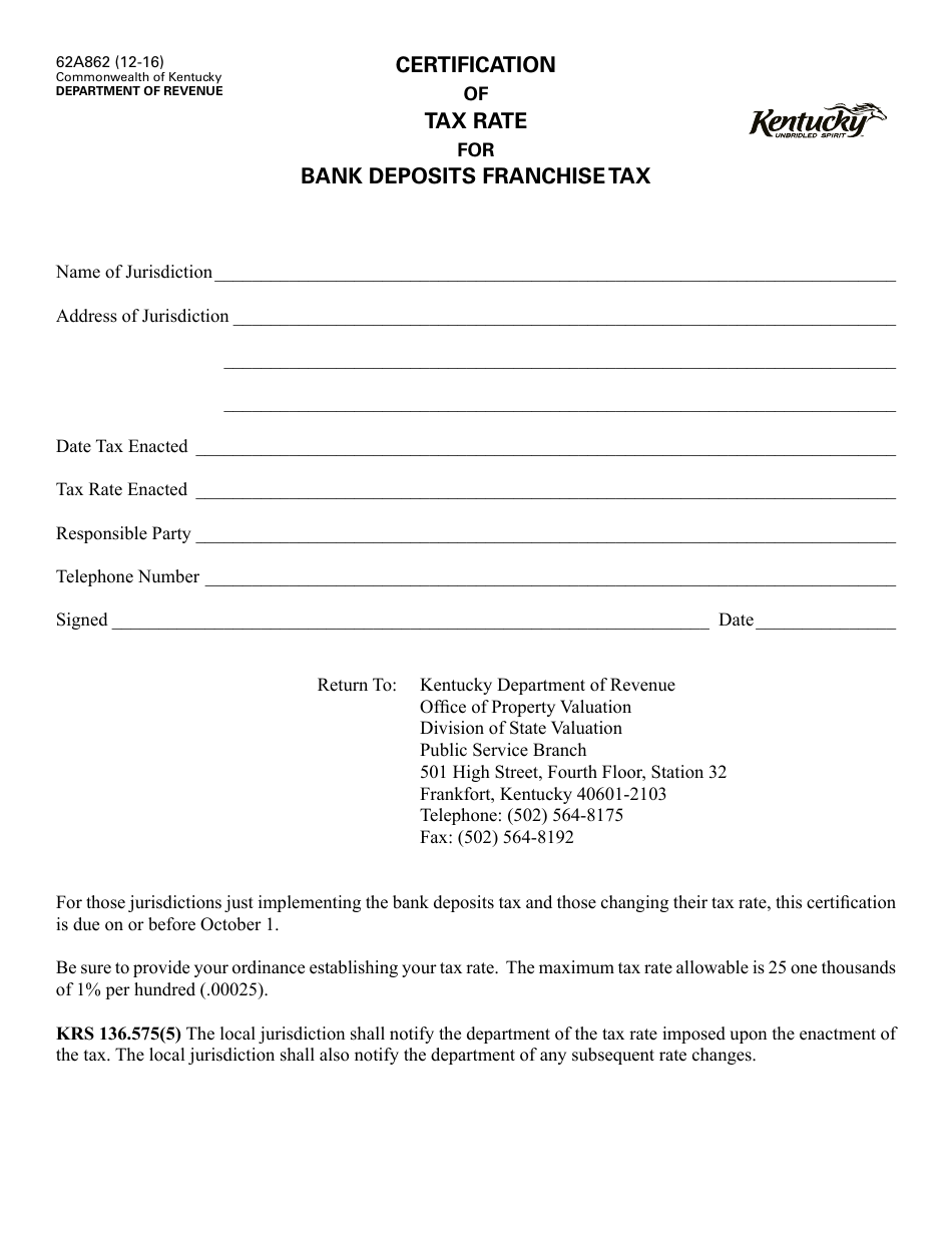 Form 62A862 Certification of Tax Rate for Bank Deposits Franchise Tax - Kentucky, Page 1