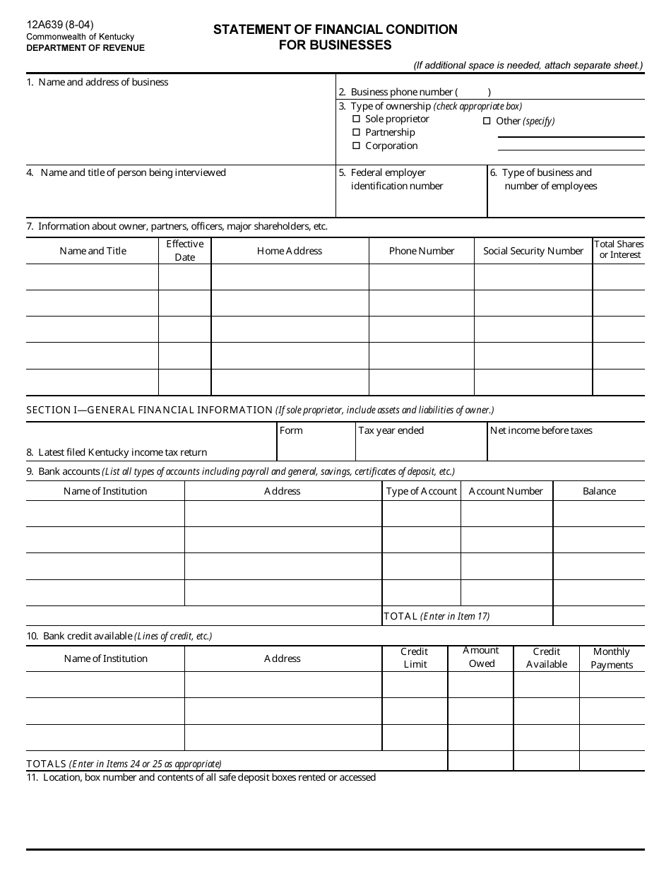 Form 12A639 Statement of Financial Condition for Businesses - Kentucky, Page 2