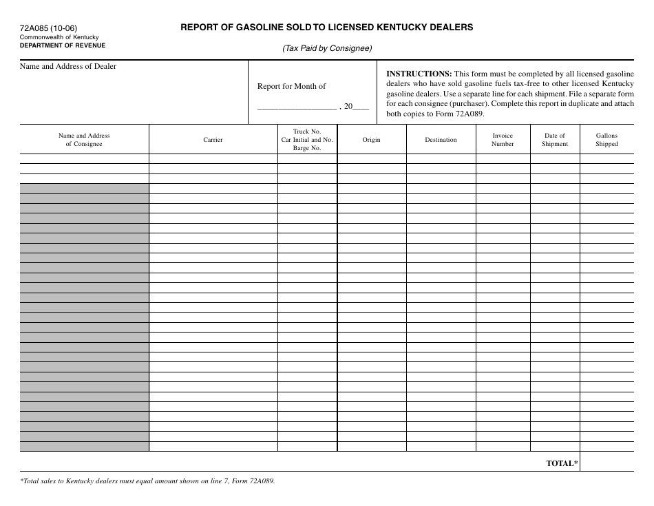 Form 72A085 Report of Gasoline Sold to Licensed Kentucky Dealers - Kentucky, Page 1