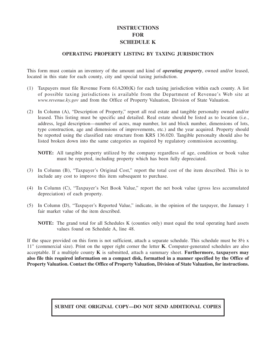 Form 61A200(K) Operating Property Listing by Taxing Jurisdiction - Kentucky, Page 2
