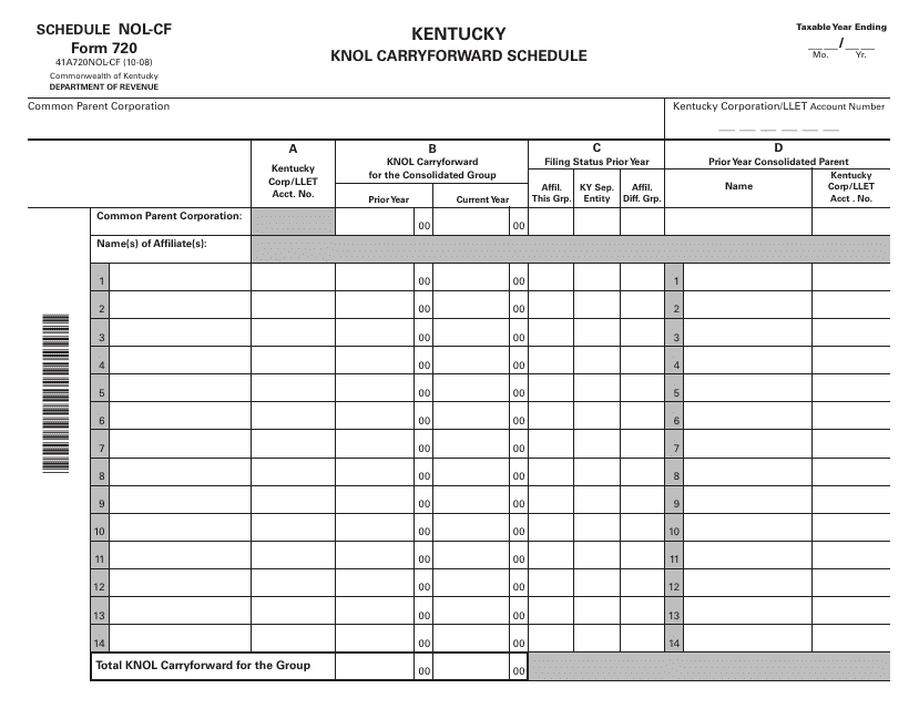 Form 720 Schedule NOL-CF Kentucky Knol Carryforward Schedule - Kentucky
