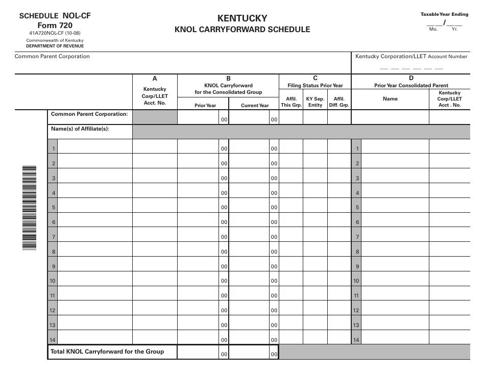 Form 720 Schedule NOL-CF Kentucky Knol Carryforward Schedule - Kentucky, Page 1