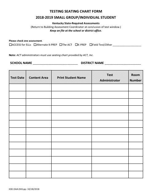 Testing Seating Chart Form - Small Group / Individual Student - Kentucky Download Pdf