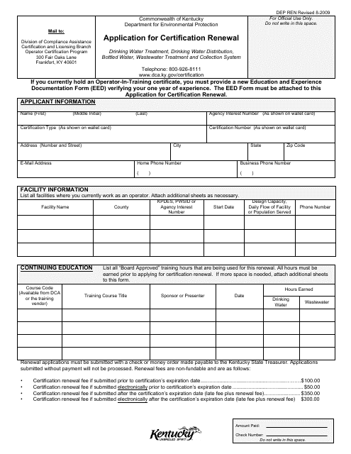 Form DEP REN Application for Certification Renewal - Kentucky