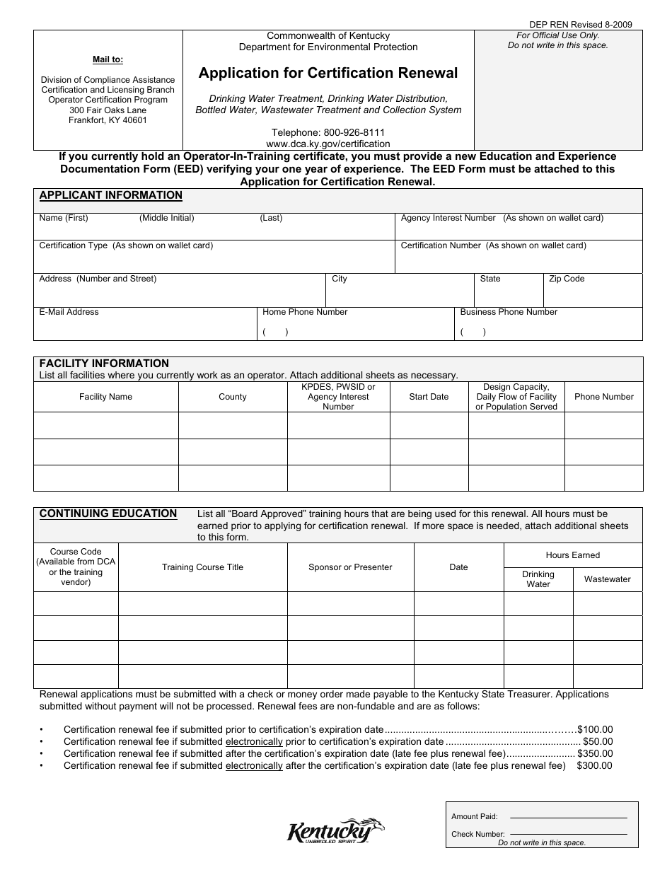 Form DEP REN Application for Certification Renewal - Kentucky, Page 1