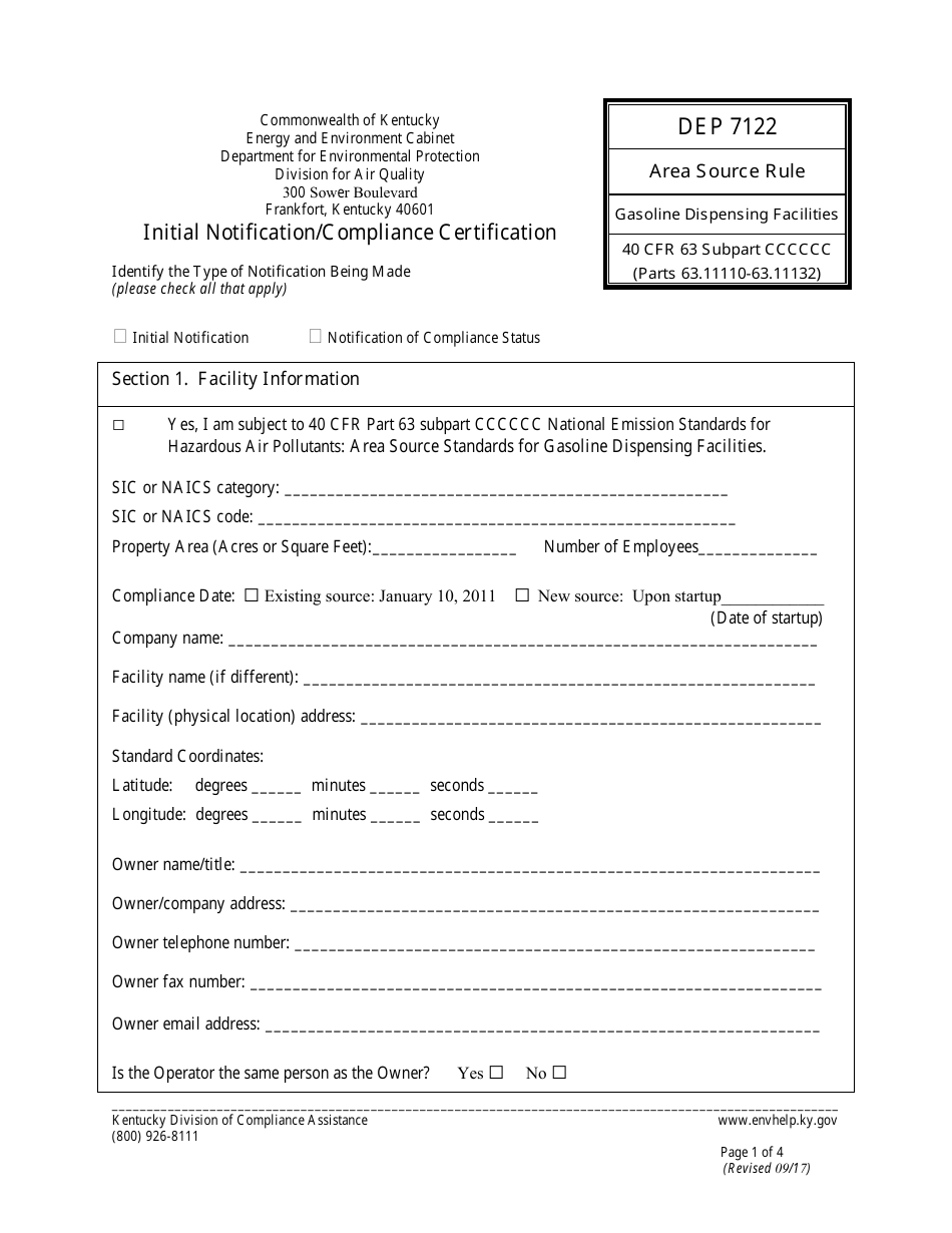 Form DEP7122 Initial Notification / Compliance Certification - Kentucky, Page 1