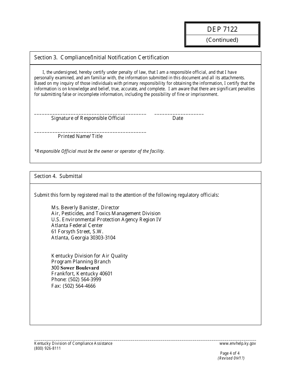 Form DEP7122 Initial Notification / Compliance Certification - Kentucky, Page 4