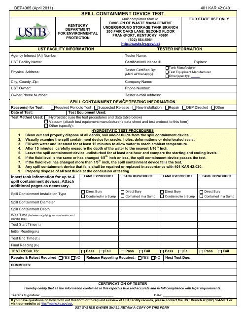 Form DEP4065 Spill Containment Device Test - Kentucky