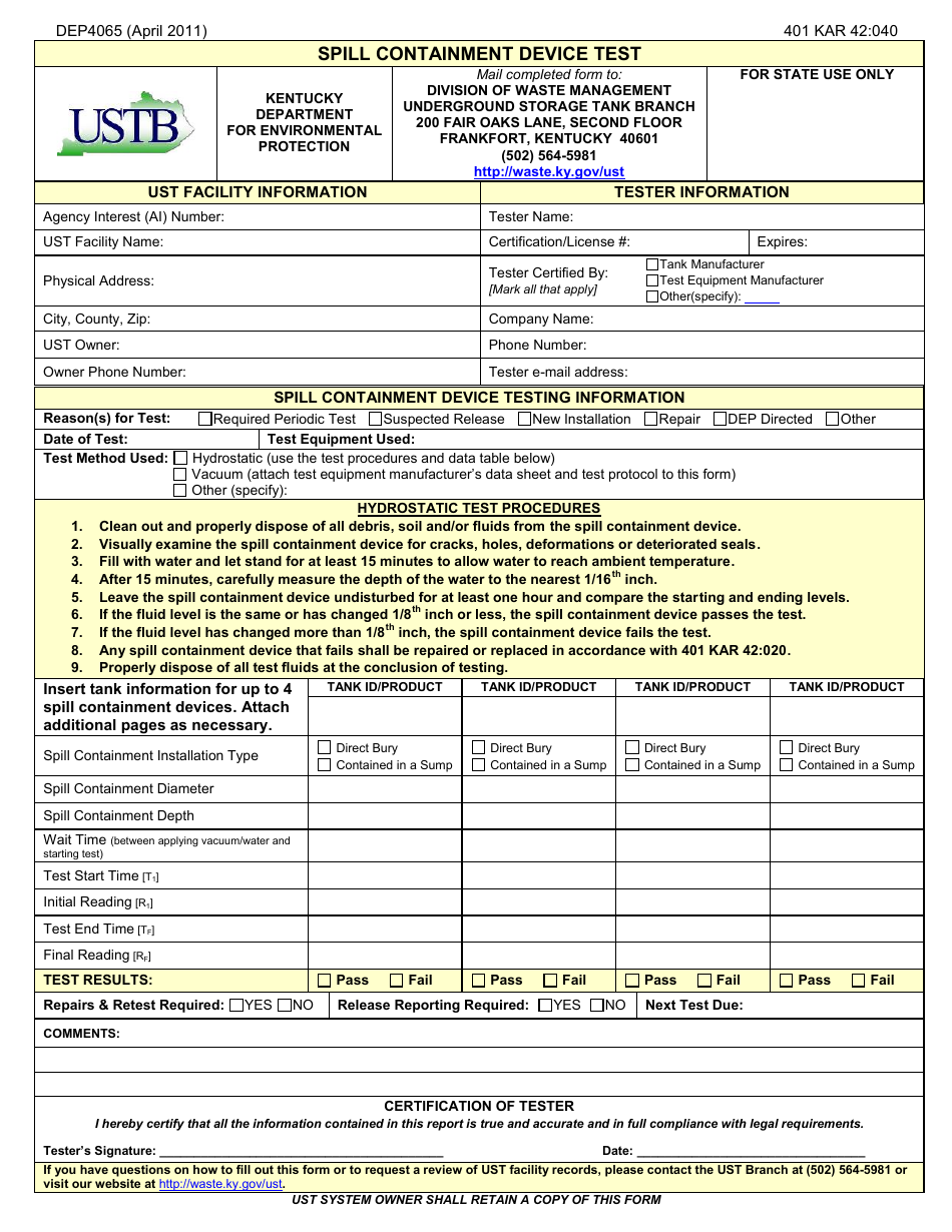 Form DEP4065 Spill Containment Device Test - Kentucky, Page 1