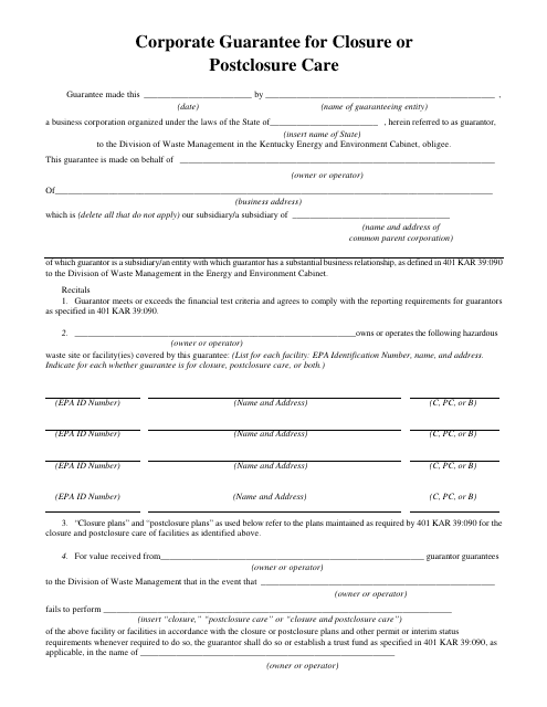 Form DEP-6035H1 Corporate Guarantee for Closure or Postclosure Care - Kentucky