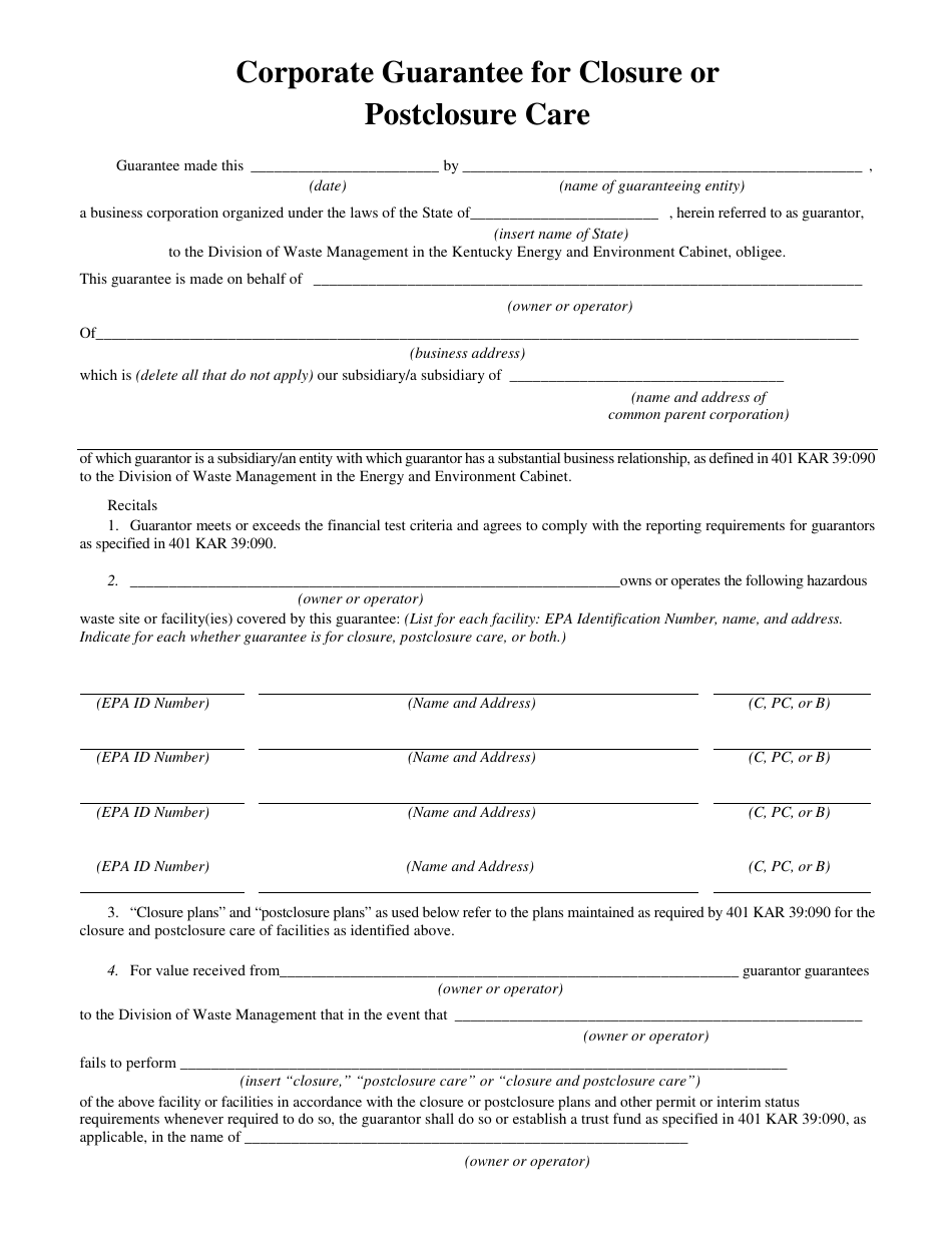 Form DEP-6035H1 Corporate Guarantee for Closure or Postclosure Care - Kentucky, Page 1