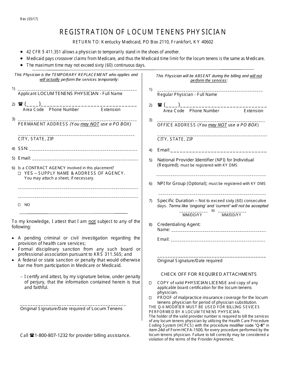 Registration of Locum Tenens Physician - Kentucky, Page 1