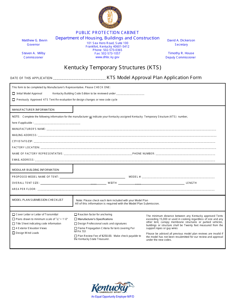 Kts Model Approval Plan Application Form - Kentucky, Page 1