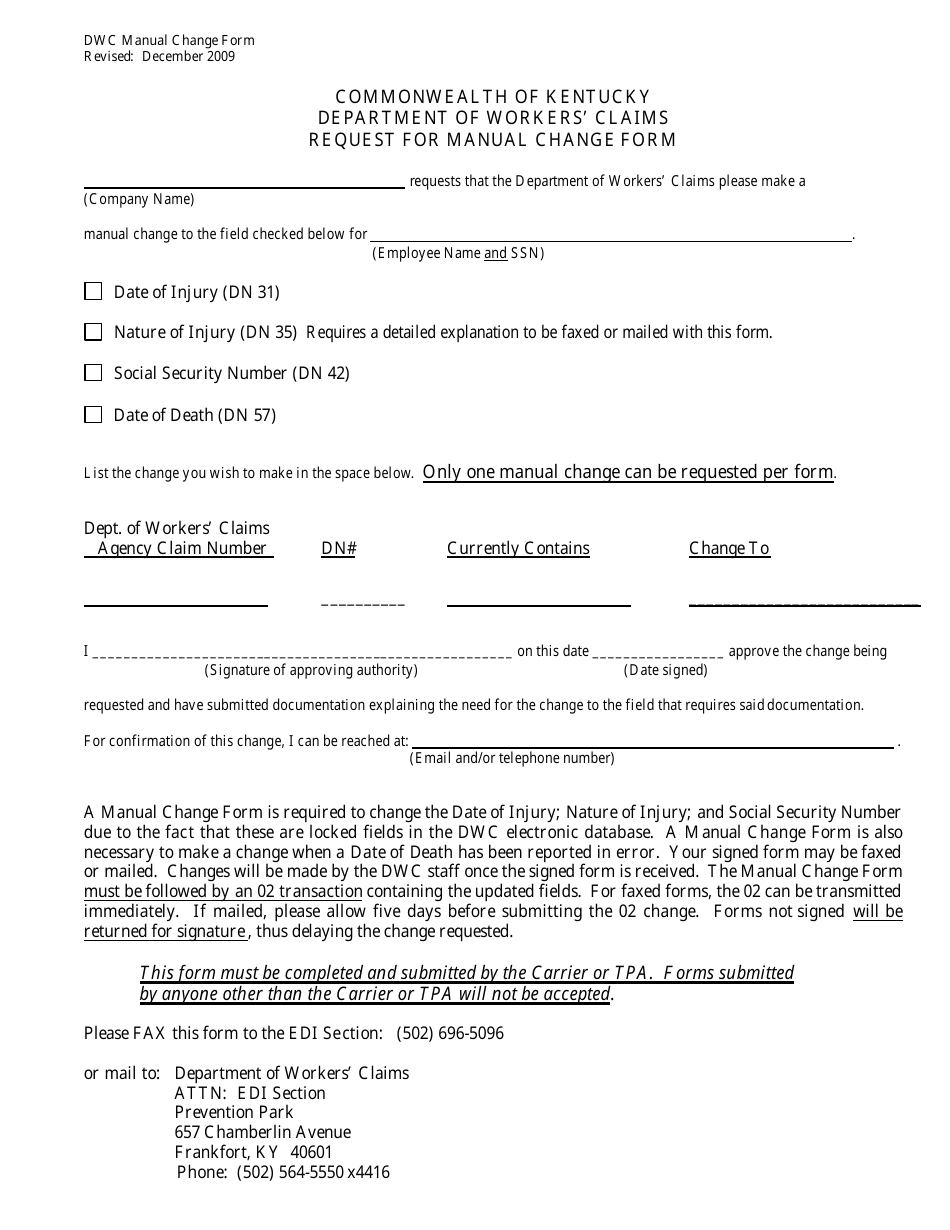 Request for Manual Change Form - Kentucky, Page 1