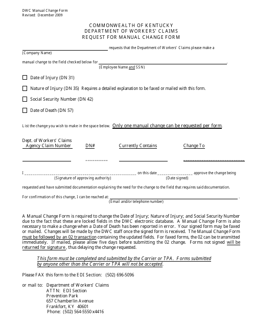Request for Manual Change Form - Kentucky