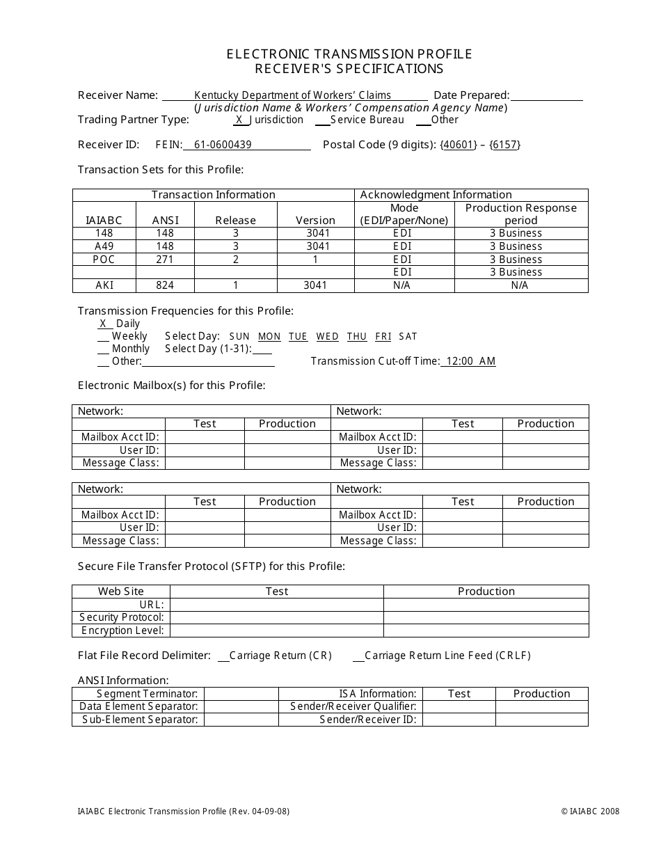 Electronic Transmission Profile - Receivers Specifications - Kentucky, Page 1