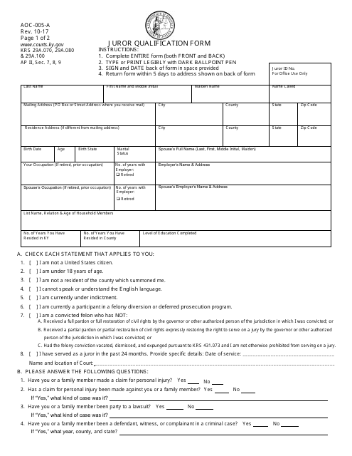 Form AOC-005-A Juror Qualification Form - Kentucky