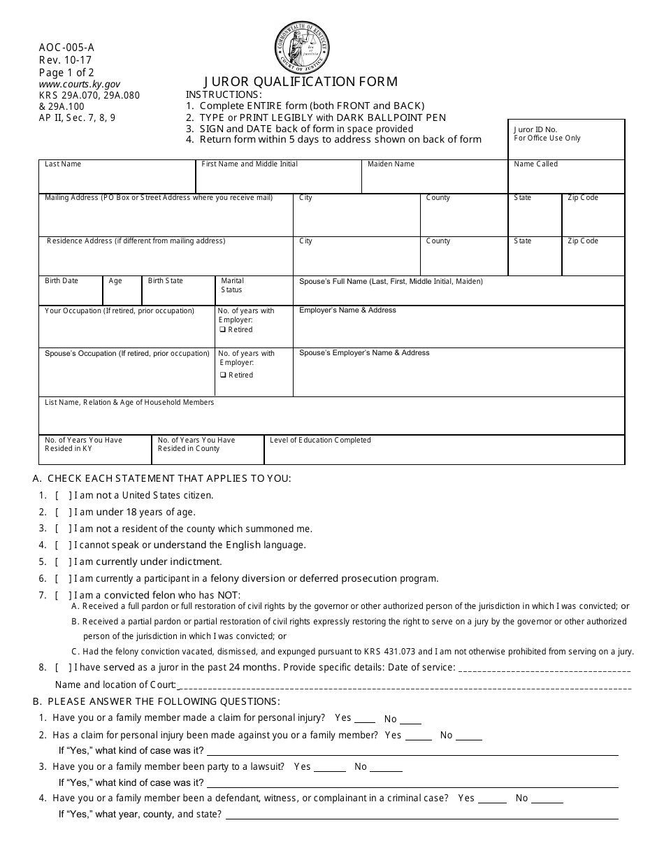 Form AOC-005-A Juror Qualification Form - Kentucky, Page 1