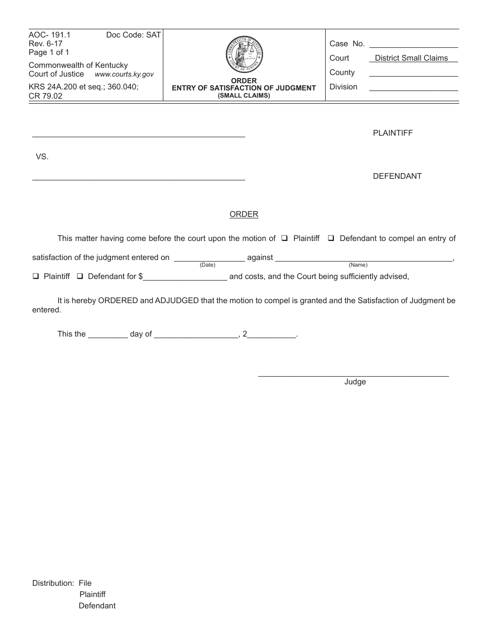 Form AOC-191.1 Order Entry of Satisfaction of Judgment (Small Claims) - Kentucky, Page 1