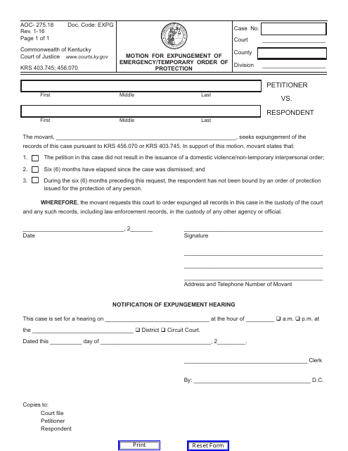 Form AOC-275.18 Motion for Expungement of Emergency/Temporary Order of Protection - Kentucky