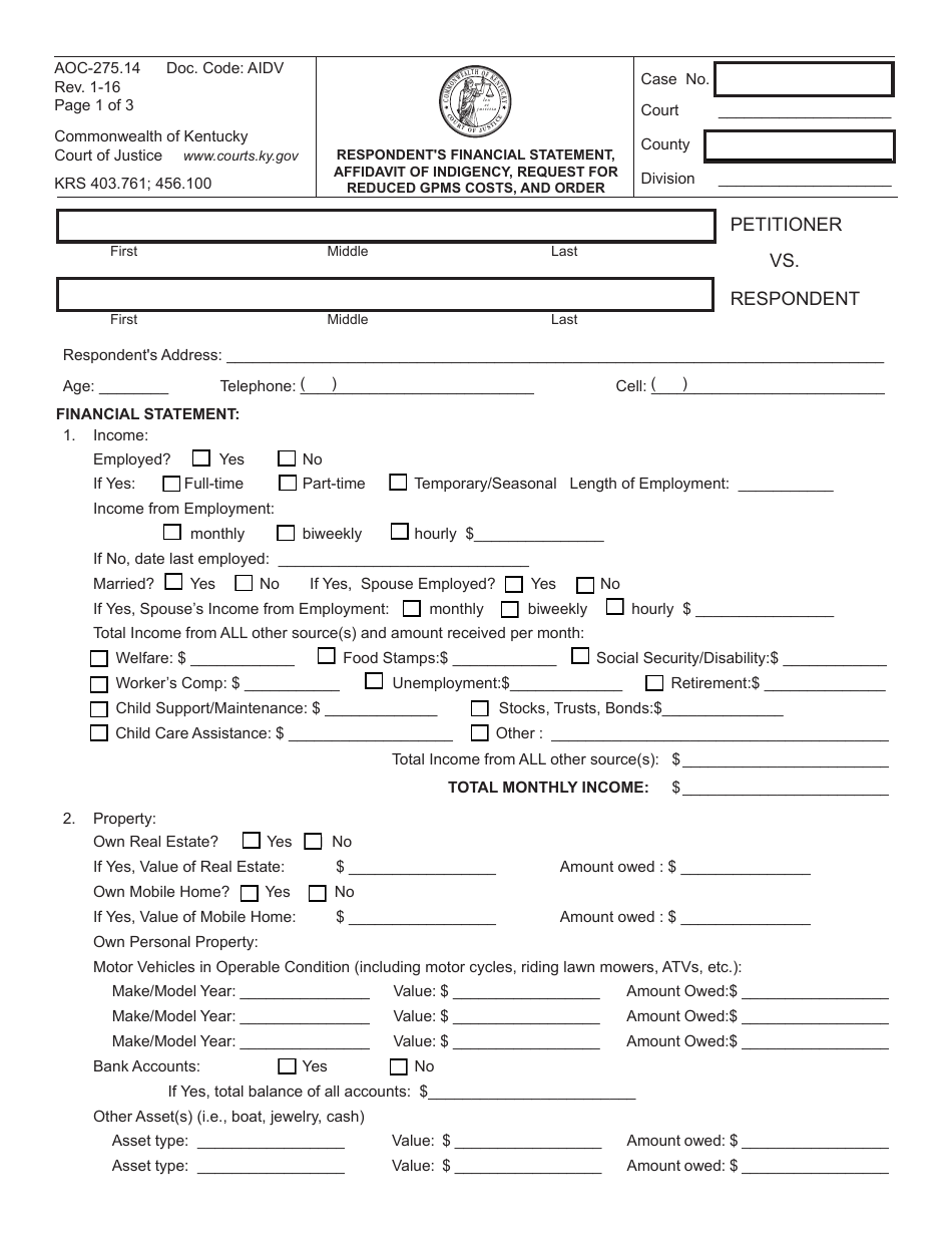 Form AOC-275.14 Respondent's Financial Statement, Affidavit of Indigency, Request for Reduced Gpms Costs, and Order - Kentucky, Page 1