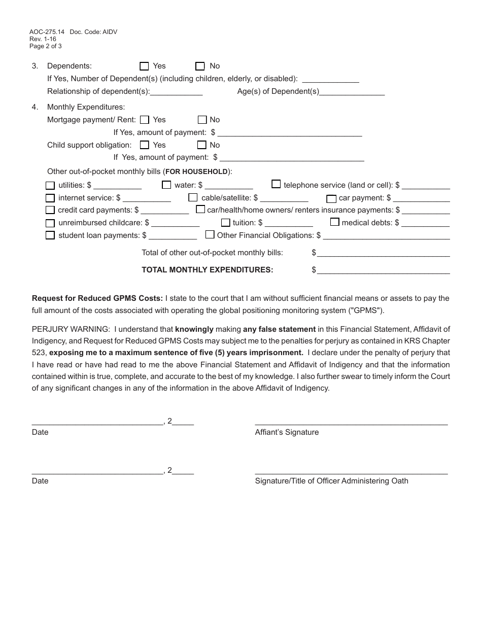 Form AOC-275.14 Respondents Financial Statement, Affidavit of Indigency, Request for Reduced Gpms Costs, and Order - Kentucky, Page 2