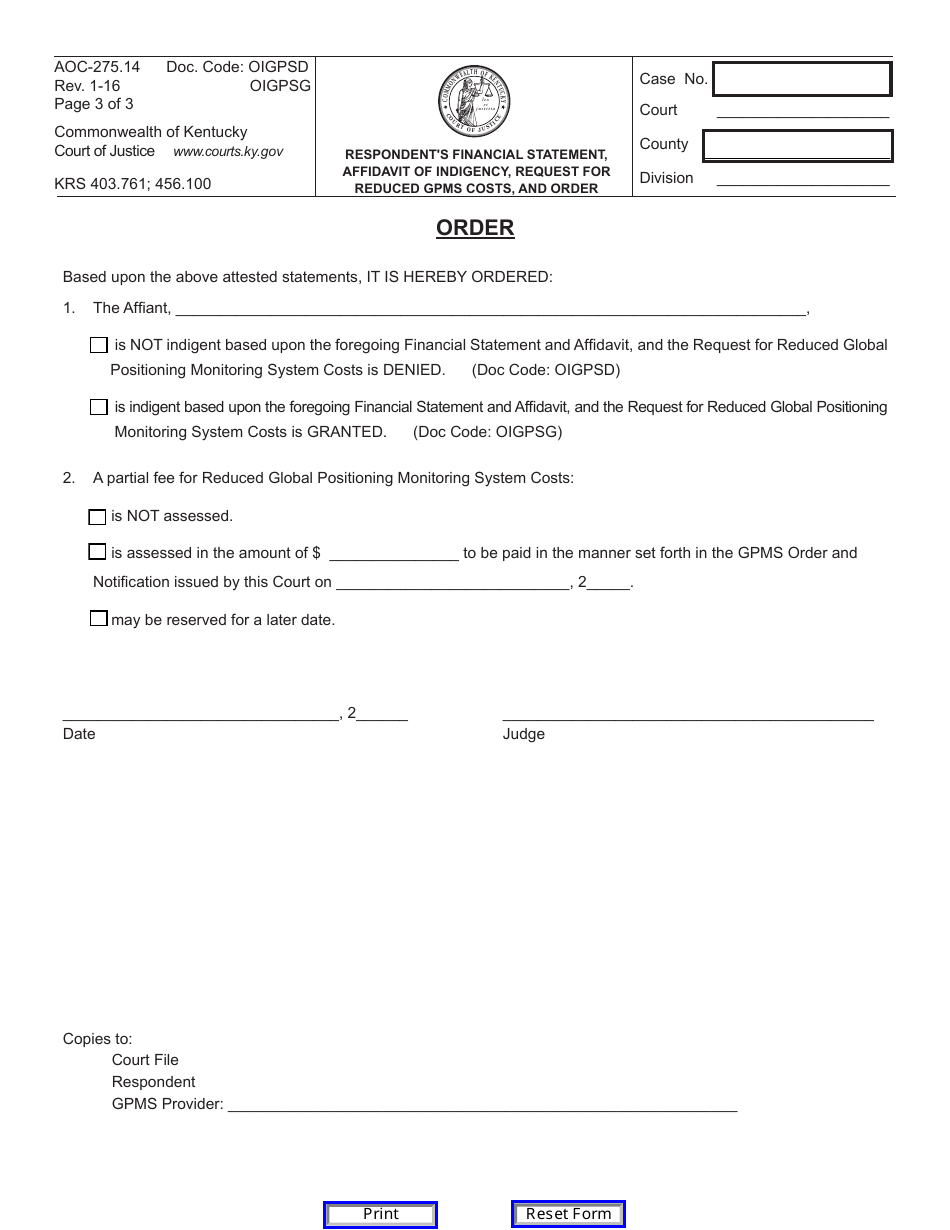 Form AOC-275.14 Respondents Financial Statement, Affidavit of Indigency, Request for Reduced Gpms Costs, and Order - Kentucky, Page 3