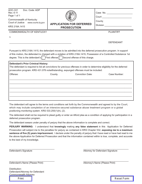 Form AOC-331 Application for Deferred Prosecution - Kentucky