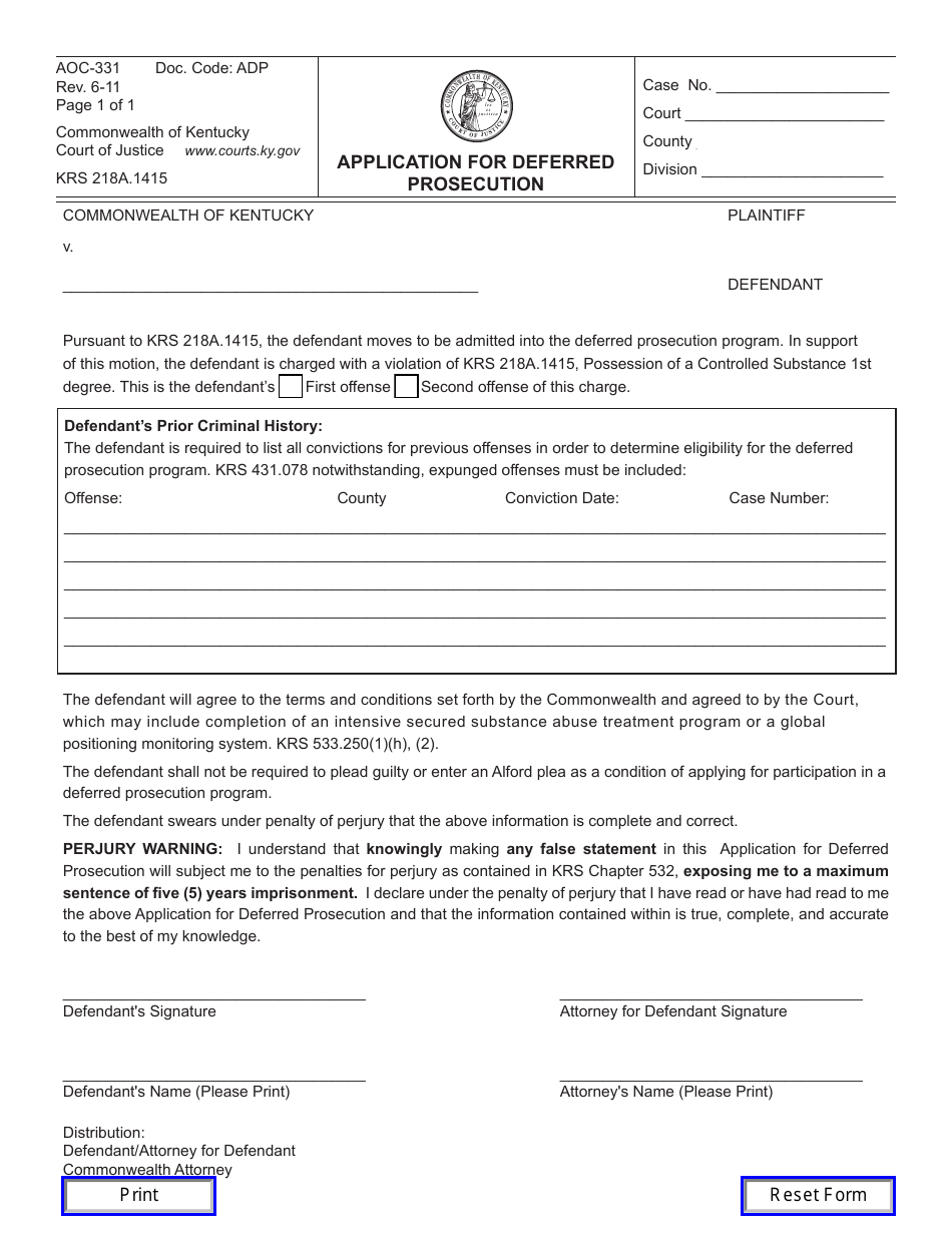 Form AOC-331 Application for Deferred Prosecution - Kentucky, Page 1