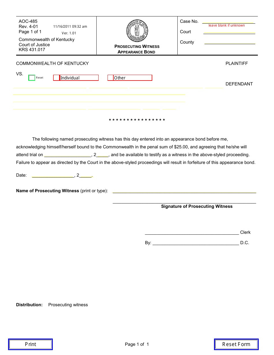 Form AOC-485 Prosecuting Witness Appearance Bond - Kentucky, Page 1