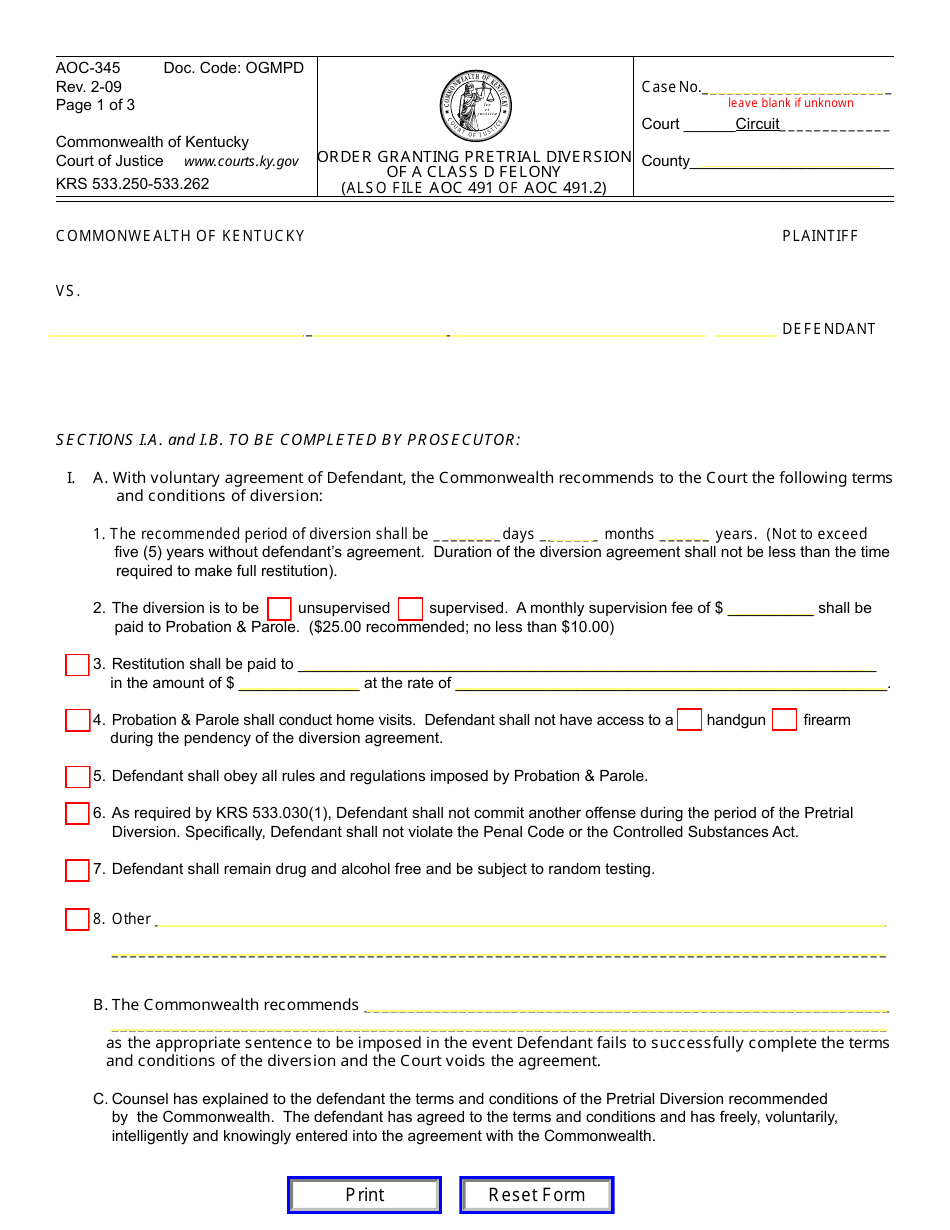 Form AOC-345 Order Granting Pretrial Diversion of Class D Felony (Also File Aoc 491 or Aoc 491.2) - Kentucky, Page 1