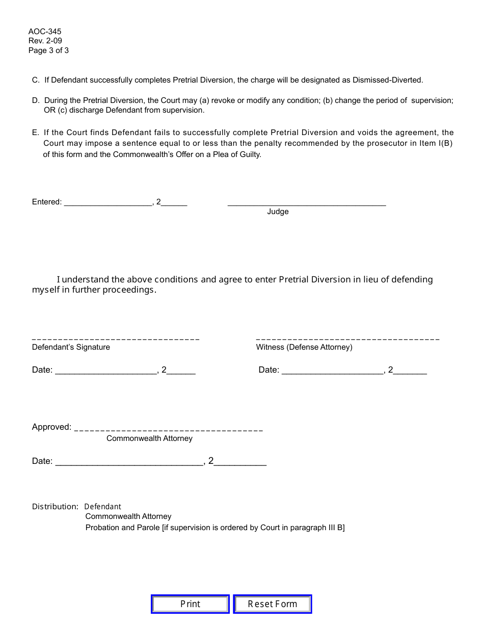 Form AOC-345 Order Granting Pretrial Diversion of Class D Felony (Also File Aoc 491 or Aoc 491.2) - Kentucky, Page 3