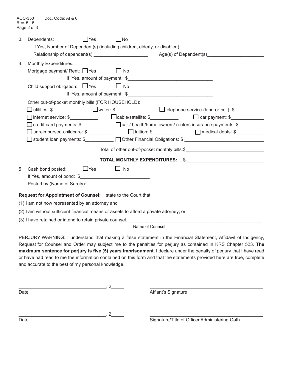 Form AOC-350 - Fill Out, Sign Online and Download Fillable PDF ...