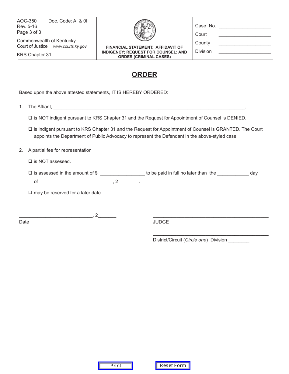 Form AOC-350 Financial Statement, Affidavit of Indigency, Request for Counsel and Order (Criminal Cases) - Kentucky, Page 3