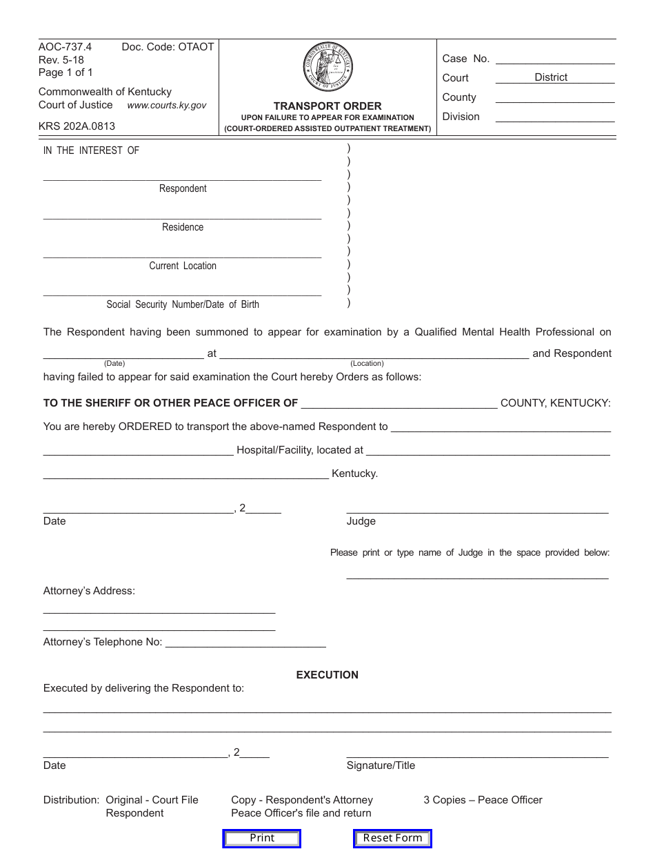 Form AOC-737.4 Transport Order Upon Failure to Appear for Examination (Court-Ordered Assisted Outpatient Treatment) - Kentucky, Page 1