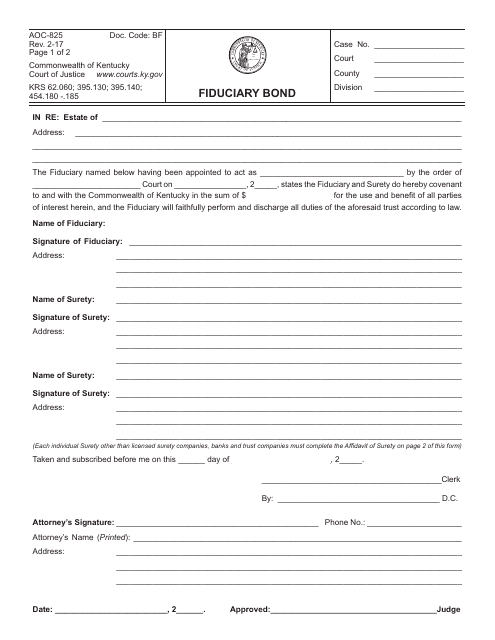 Form AOC-825 Fiduciary Bond - Kentucky