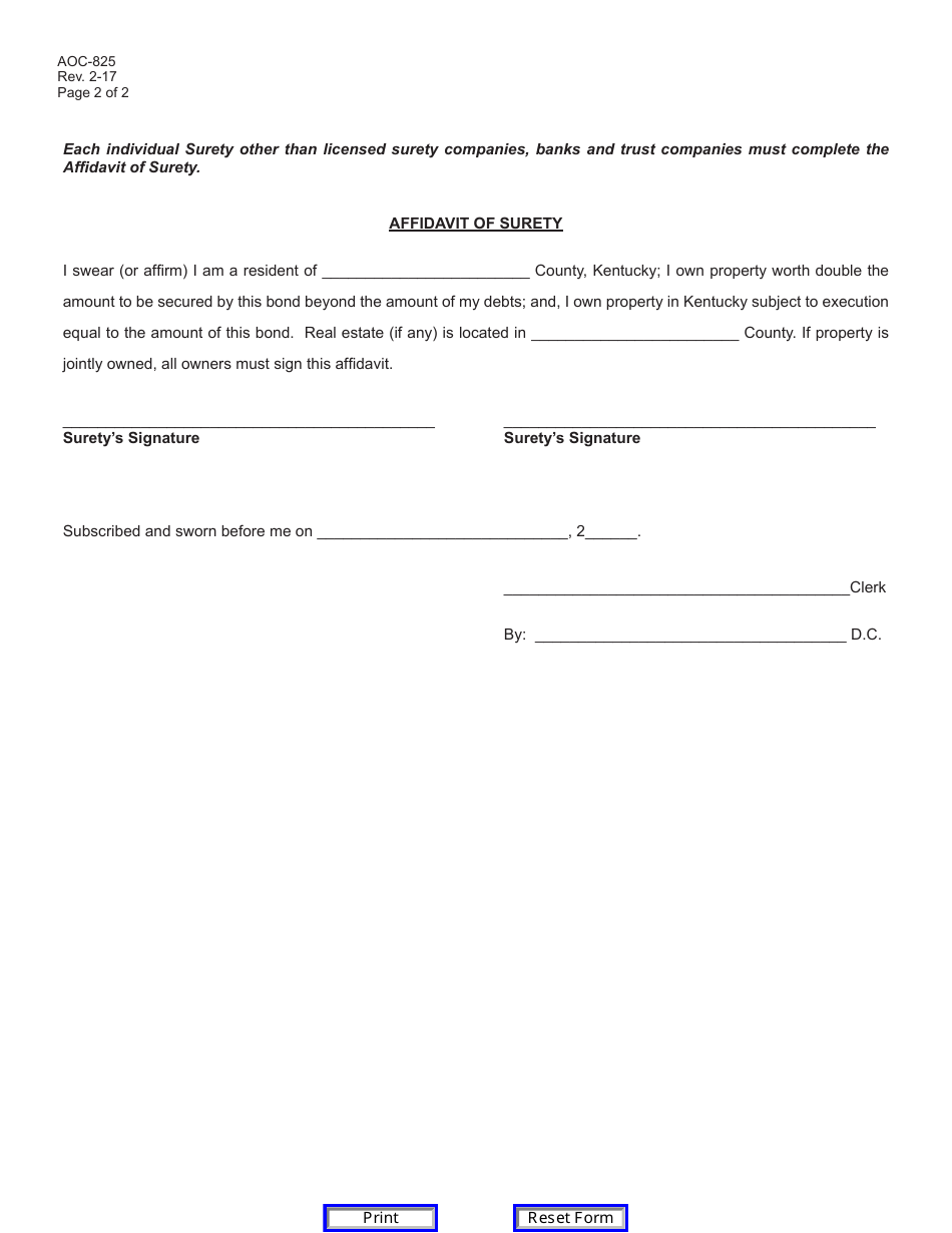 Form AOC-825 Fiduciary Bond - Kentucky, Page 2