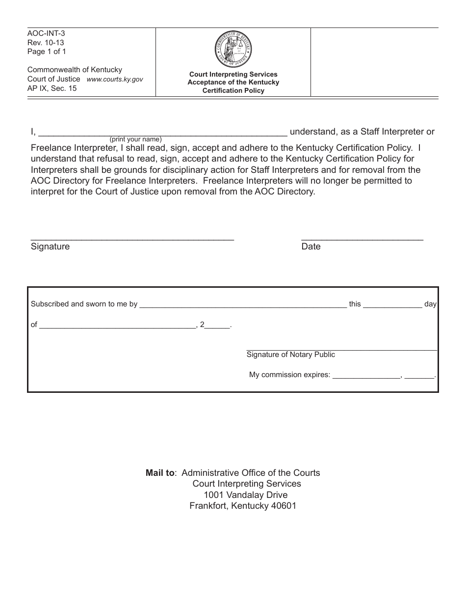 Form AOC-INT-3 Court Interpreting Services Acceptance of the Kentucky Certification Policy - Kentucky, Page 1
