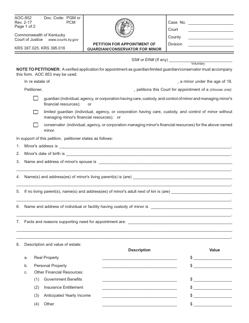 Form AOC-852 Petition for Appointment of Guardian/Conservator for Minor - Kentucky