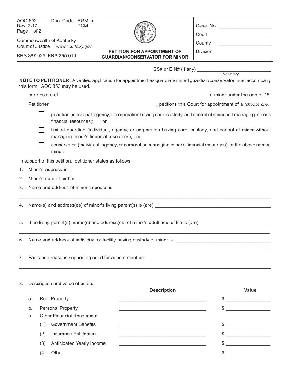 Form AOC-852 Petition for Appointment of Guardian / Conservator for Minor - Kentucky, Page 1