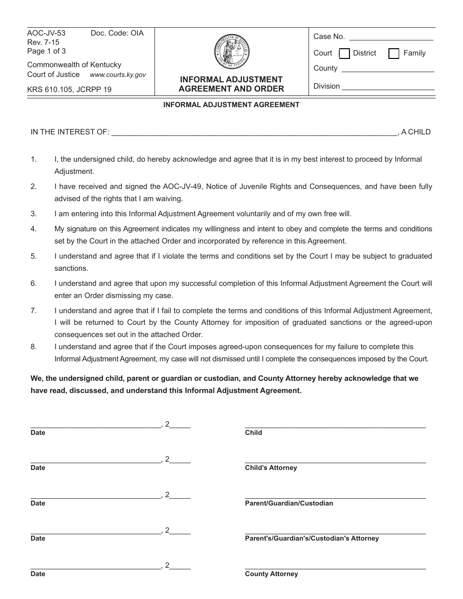 Form AOCJV53 Fill Out, Sign Online and Download Fillable PDF, Kentucky Templateroller