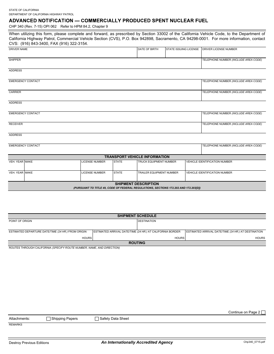 Form CHP340 Advanced Notification - Commercially Produced Spent Nuclear Fuel - California, Page 1