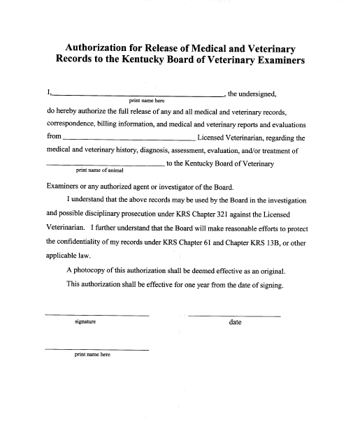 Authorization for Release of Medical and Veterinary Records to the Kentucky Board of Veterinary Examiners - Kentucky Download Pdf