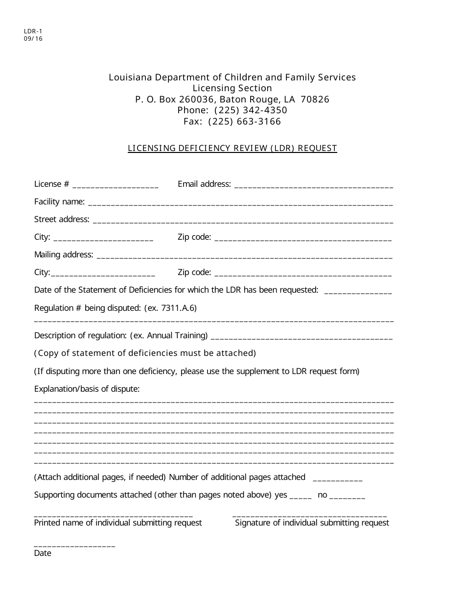 Form LDR-1 Licensing Deficiency Review (Ldr) Request - Louisiana, Page 1