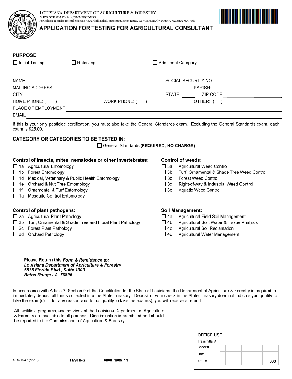 Form AES-07-47 Application for Testing for Agricultural Consultant - Louisiana, Page 1