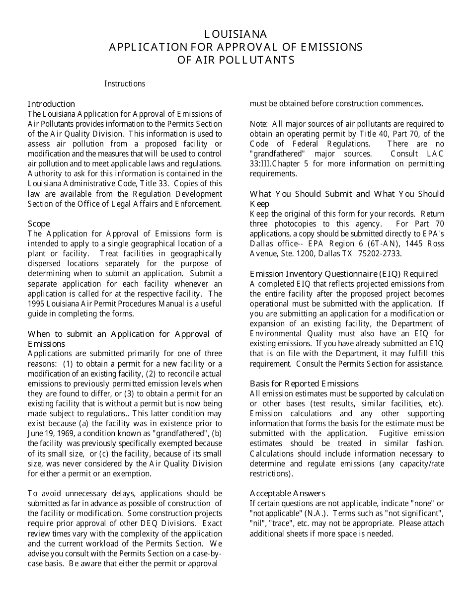 Instructions for Application for Approval of Emissions of Air Pollutants - Louisiana, Page 1