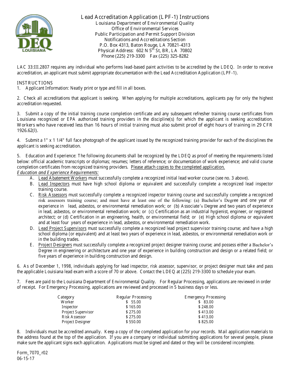 Instructions for Form LPF-1, 7069 Lead Accreditation Application - Louisiana, Page 1