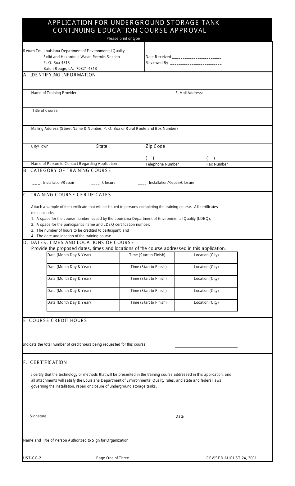 Form UST-CC-2 Application for Ust Continuing Education Course Approval - Louisiana, Page 1